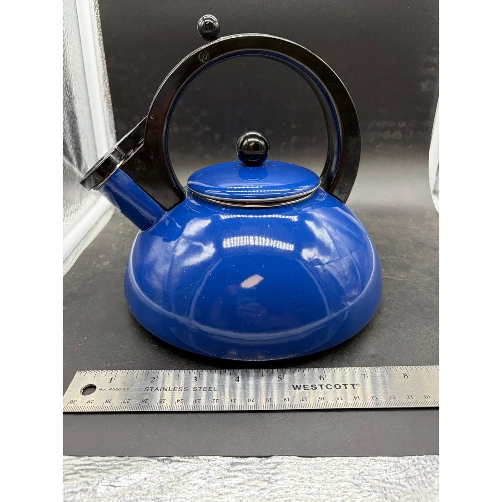 Vintage Cobalt Blue Enamel Tea Kettle Stovetop Pot Arched Black Handle MCM Style